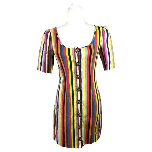 LPA Revolve Puff Sleeve Button Front Multi Striped Linen Mini Dress Size XS - Picture 3 of 16
